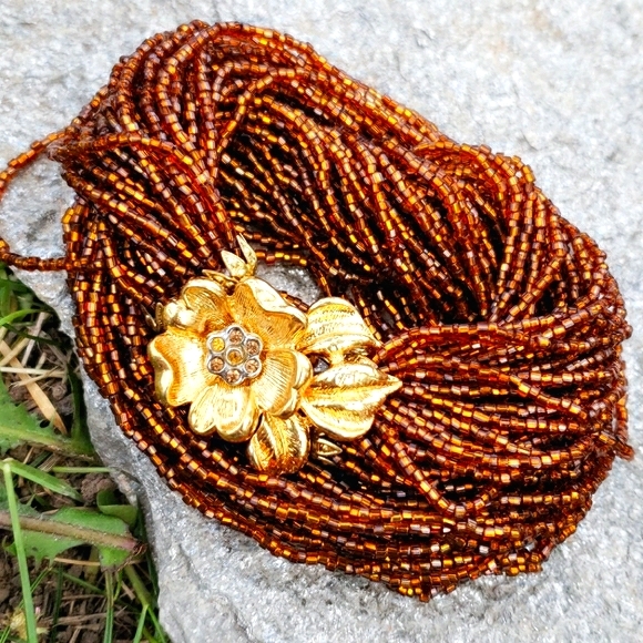 Vtg Amber Glass Bead Flower RS Torsade Necklace - Picture 2 of 8